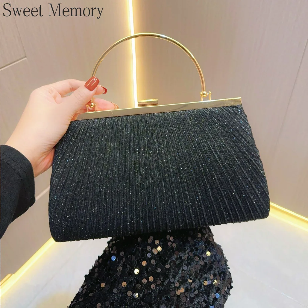 J137 Wedding Bags 2025 Sweet Memory Gold Sliver Black Pleated Handbag, Party Bag, Rhinestone Evening Dress Bag, Dinner Bag