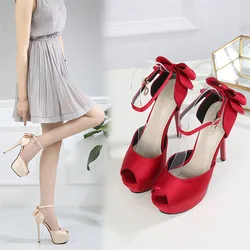 Elegant Bow-knot Peep Toe Women Sandals Crystal Buckle Hollow Sexy High Heels Pumps Female Dress Shallow Pink Wedding Shoes 2024