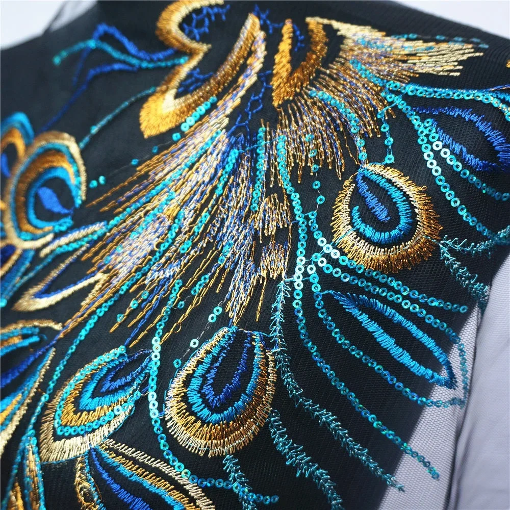 Red Blue Sequin Embroidered Phoenix Peacock Feather Black Mesh Wedding Gown Applique Lace Trim Sewing Patch Dress DIY