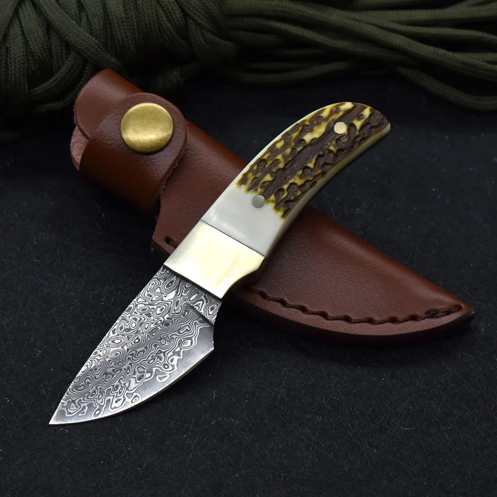 

Damascus Steel Blade Deer Antler Handle Small Fixed Knife Survival Tactical Outdoor Straight Knife For Camping With Leather Case