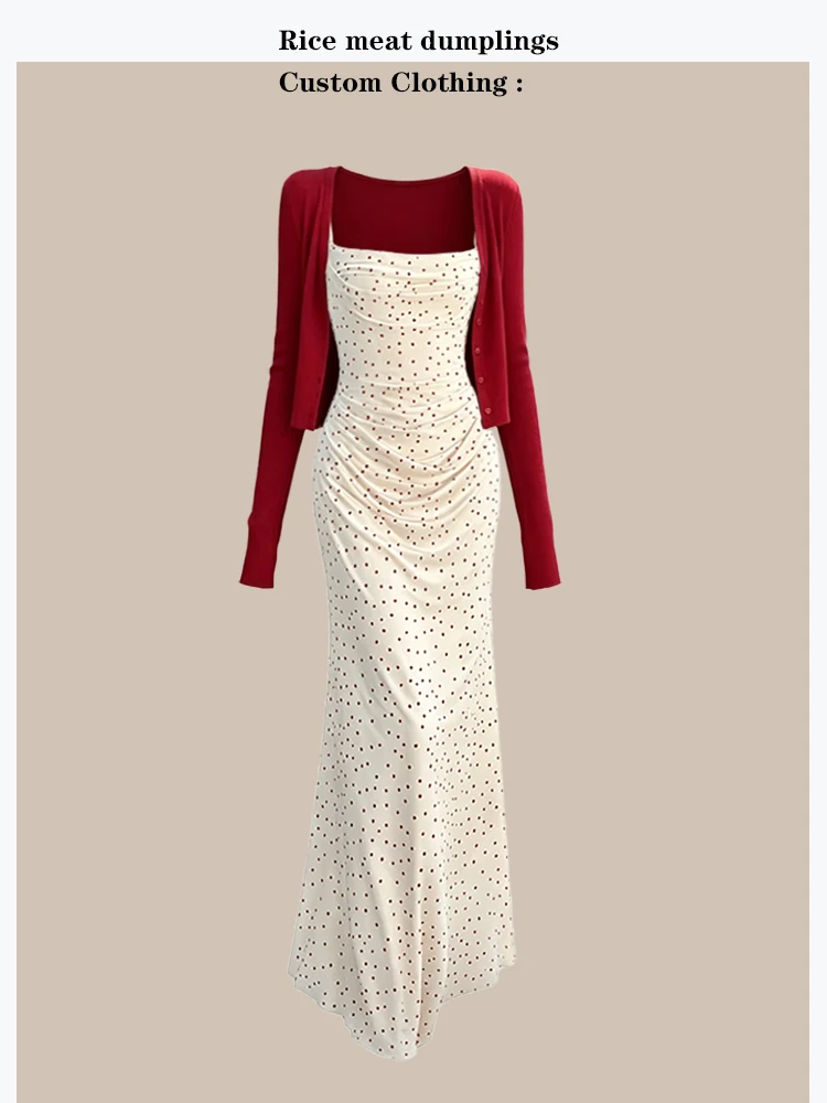 

Summer Fashion Two-Piece Set with Open Cardigan Halter Neck Polka Dot Dress Vacation Style Waist-Cinching Bodycon Skirt