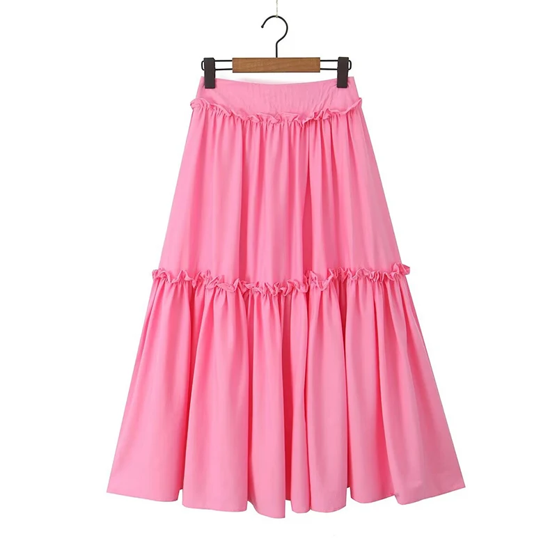 Summer Women Solid Back Zipper High Waist Ruffle Midi Skirts Holiday