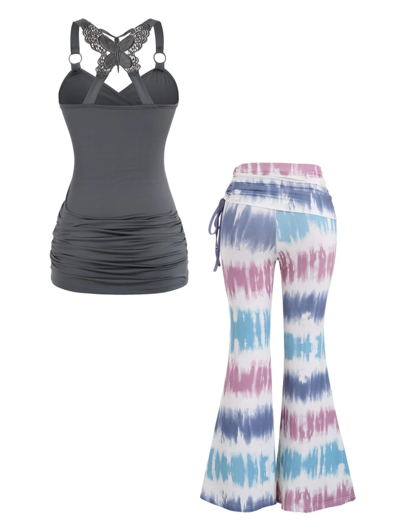 Top corto incrociato in pizzo a farfalla con pantaloni lunghi a gamba larga tie-dye Set abito casual Boho da donna