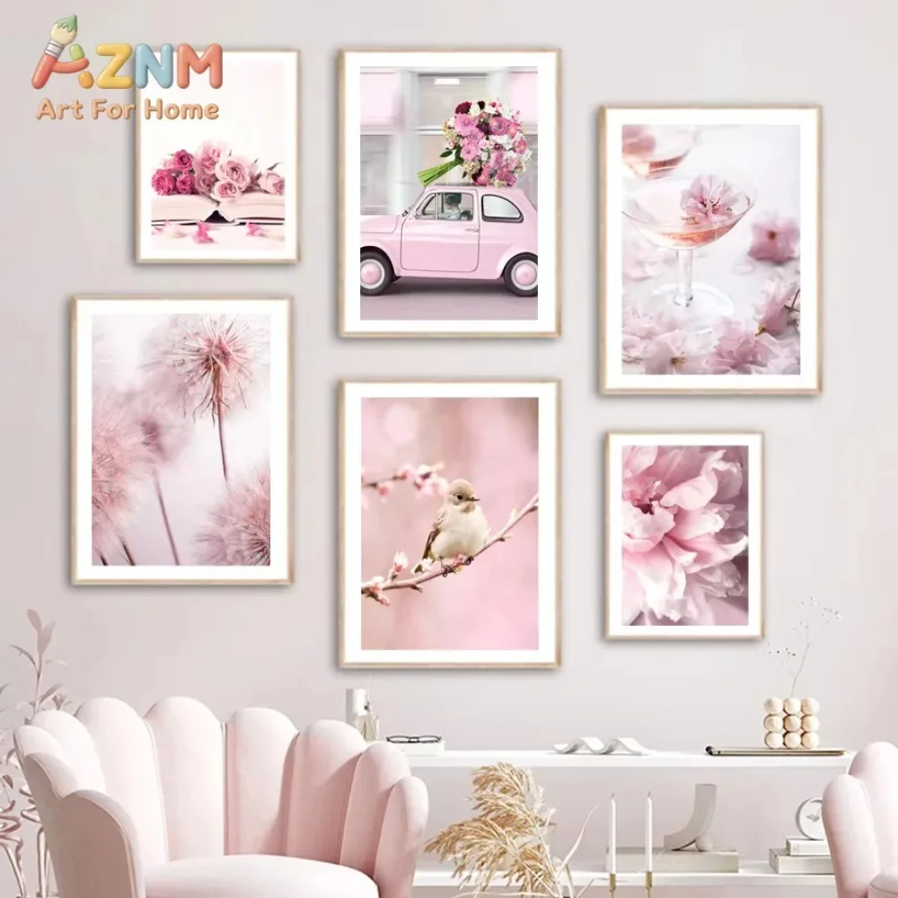 AZNM Soft Pink Floral Canvas Wall Art Peony Cherry Blossom Dandelion Gentle Aesthetic Unframed Canvas Living Room Home Decor Pai
