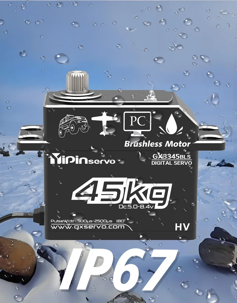 Serwo bezszczotkowe o dużym momencie obrotowym 45KG, wysoka prędkość, pełna obudowa z aluminium CNC, metalowe osłony przekładni, wodoodporne, do samochodów RC, ciężarówek, crawlerów, łodzi.
