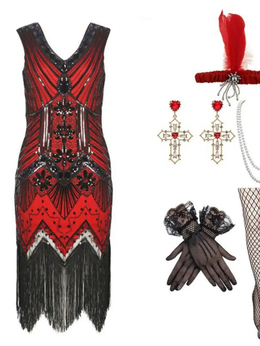 920s eat Gatsby Evening Dr Tassel Large Size V-ne Dr Set Banquet Evening Gown Polyester Material Ladies Faion