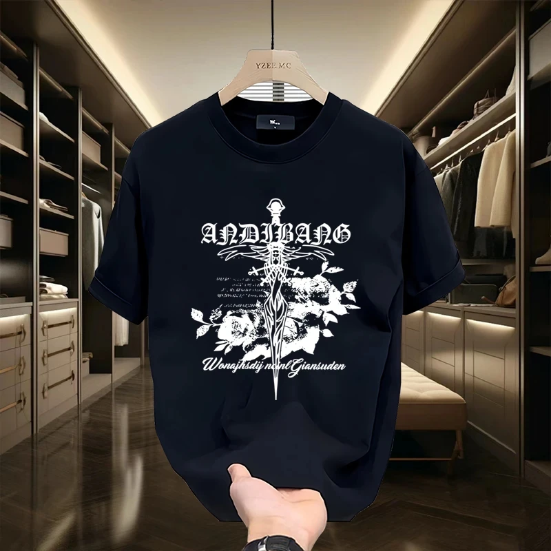 

2025 New American High-end Short-sleeved T-shirt Men's Summer Loose Plus-size Trend Heavy Round Neck Cotton Shirt