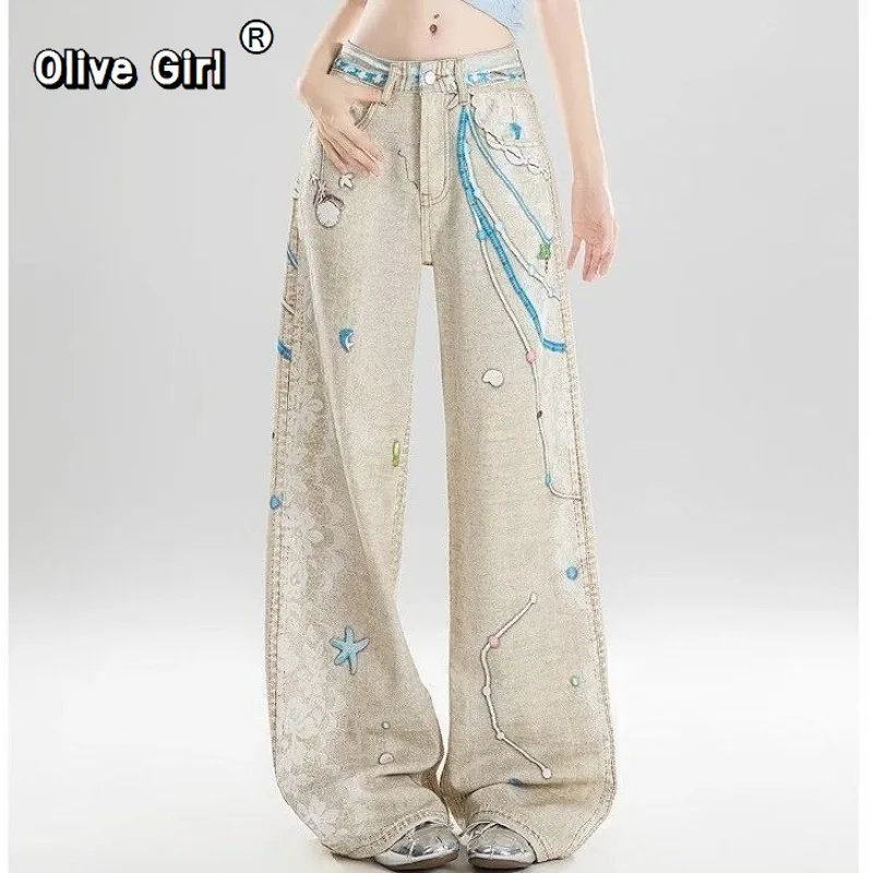 

Женские джинсы Olivegirl в стиле ретро, узкие брюки с широкими штанинами, новые джинсы с цепочкой и кружевным принтом, джинсы в американском стиле