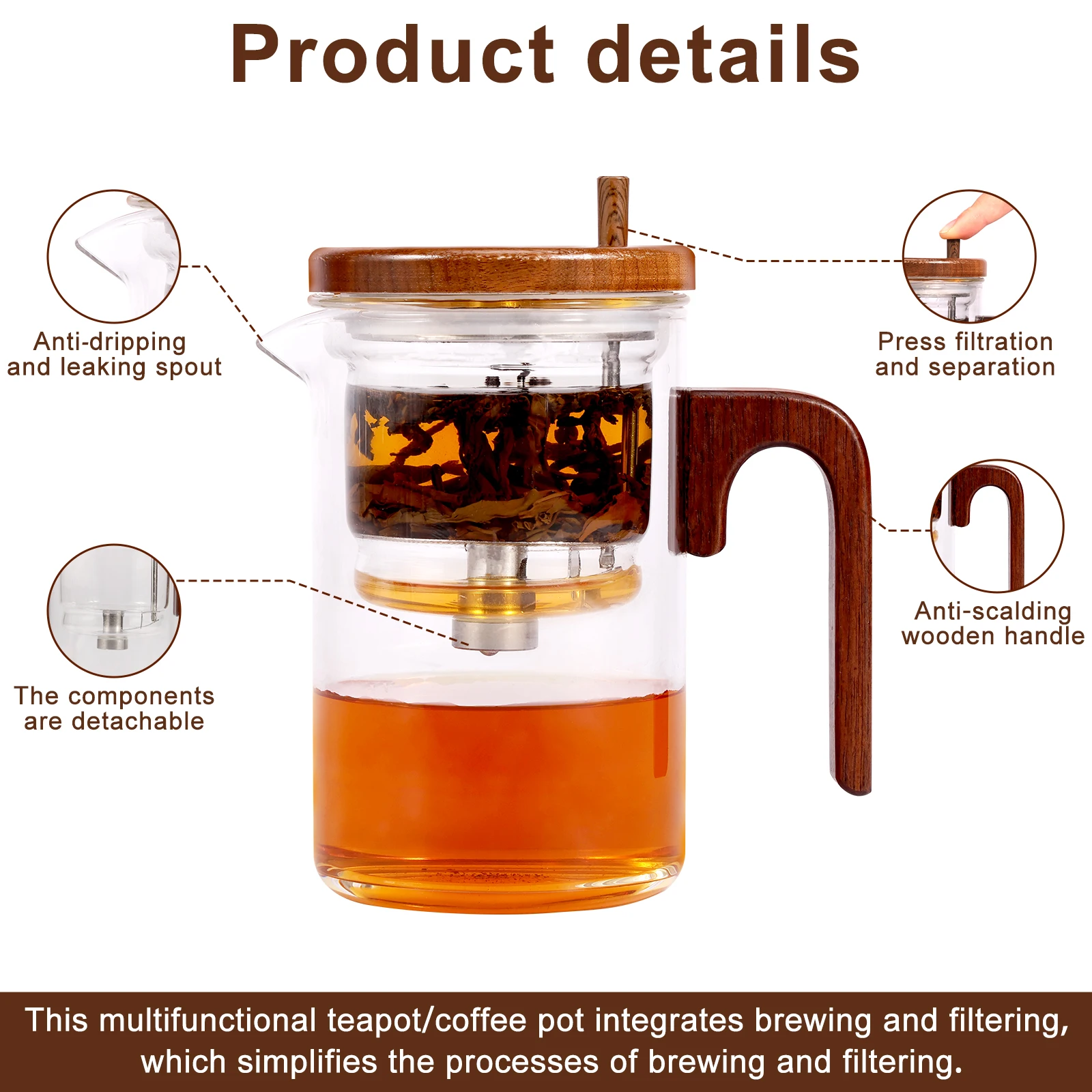 Water Separation Glass Teapot with Wood Handle Leak Proof Glass Tea Infuser Teapot Easy to Clean Tea Water Separation Teapot