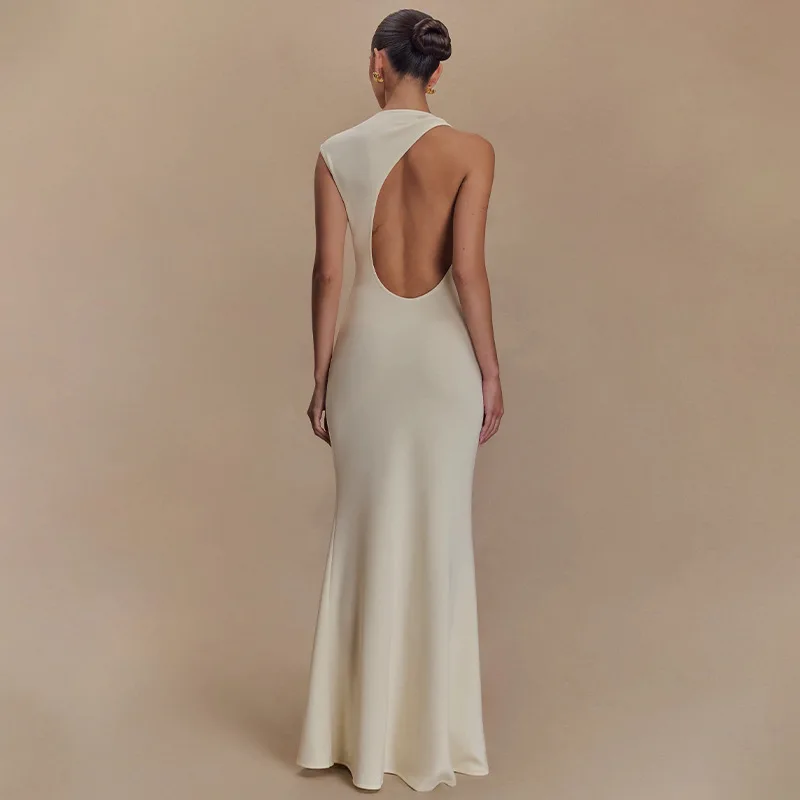 Elegant Solid Color Women Evening Party Maxi Dresses New Design Sleeveless Slim Dress Summer Lady Sexy Backless High Waist Gowns