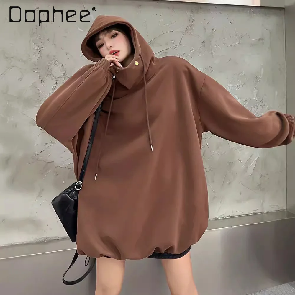 Oversize Hoodie Women Medium Length Loose Casual Simple Solid Color High-end Hooded Sweatshirs 2025 New Autumn Winter