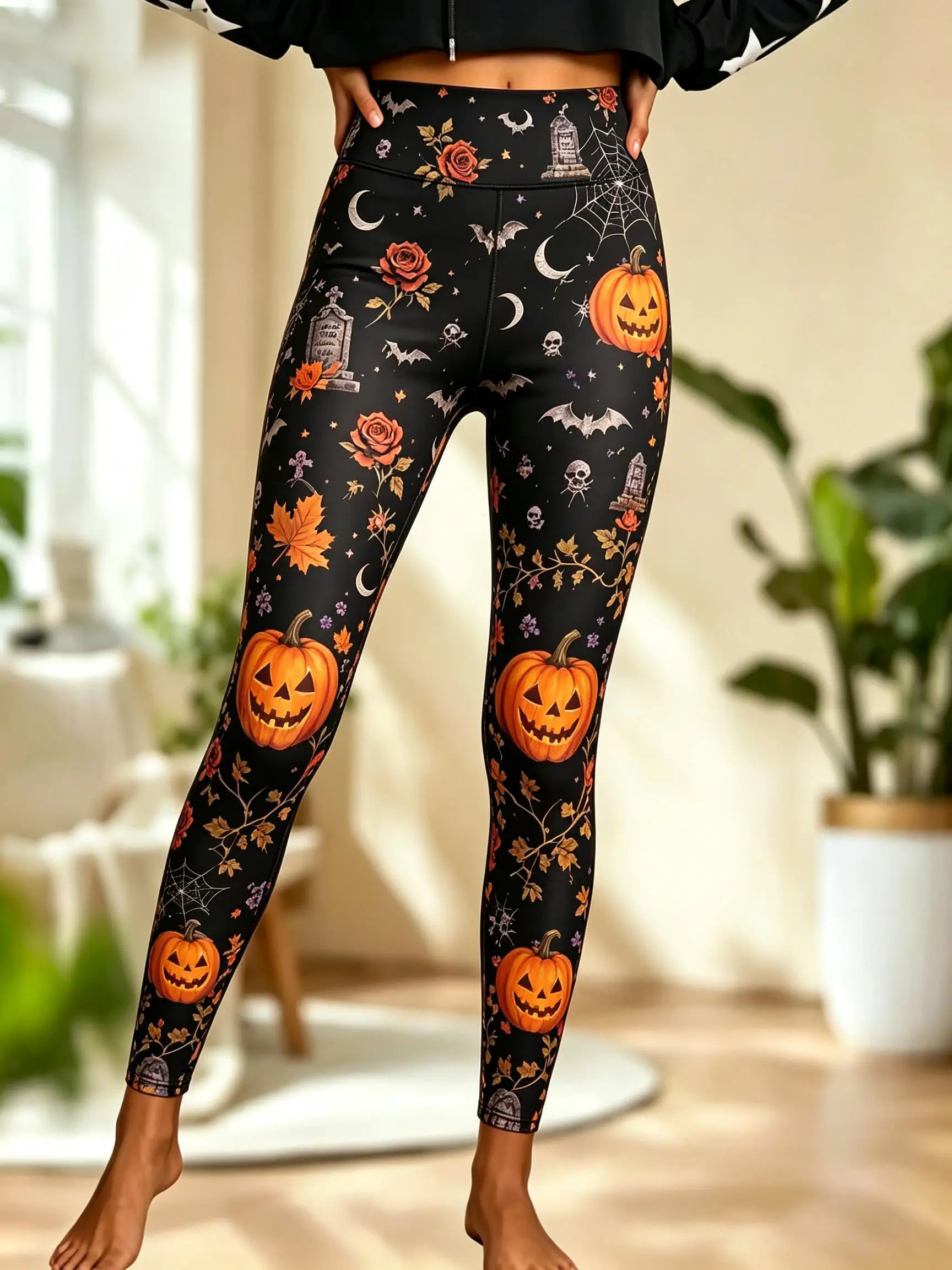 Women's Fleece Skinny Pants Black Halloween Pumpkin Print Mid Waist Leggings - view 3