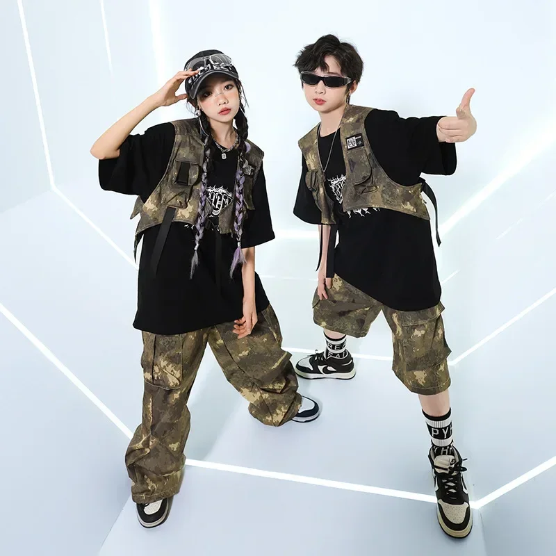 Ragazzi Costumi Hip Hop Gilet mimetico Pantaloni T-shirt nera Pantaloncini da ballo di strada Ragazze Jazz Set di vestiti da palcoscenico Gruppo Streetwear