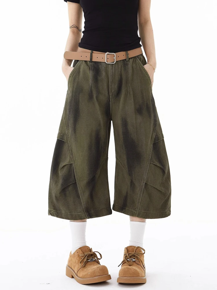 

Retro American Decomposition Dirtied Workwear Denim Shorts Men Women Summer Pleated Wide Leg Knife Seven Parts Pants