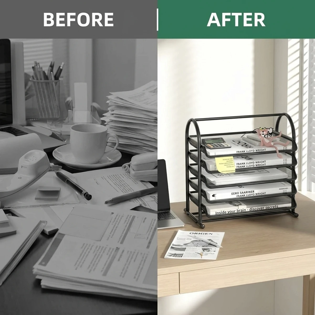 5-Tier Metal Mesh Landscape A4 File Tray, Pull-Out Organizer for Office Home School Teacher Student