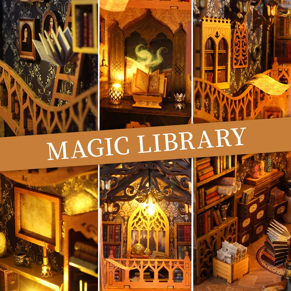 DIY Wooden Magic Library Book Nook Shelf Insert Kits Miniature Building Kit Bookends Bookshelf Dollhouse for Friends Xmas Gifts