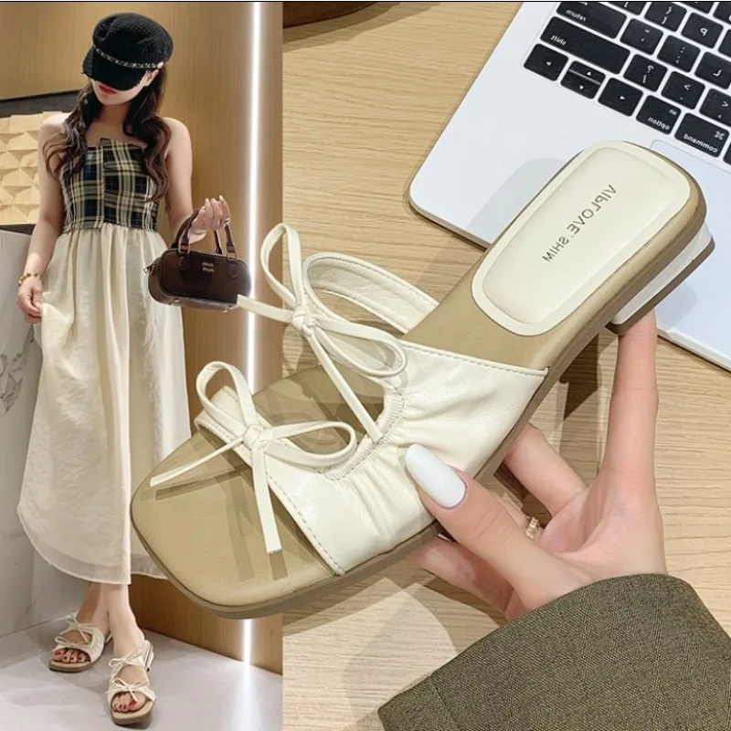 

2025Summer Butterfly-knot Flats Women Slippers Concise Soft Sole Dress Slides Outdoor Beach Vacation Sandalias