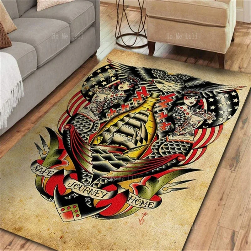 Personalized Old School Tattoo Girl Flannel Floor Rugs Customized Carpet Polyester For Living Room Bedroom