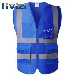 Chaleco reflectante azul para hombre, ropa de trabajo con muchos bolsillos, chaleco de seguridad para hombre, malla transpirable Hi Vis