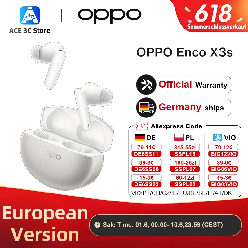 EU version OPPO Enco X3s Silver,Wireless Earphones with Dynaudio Sound,55dB ANC, Dual Dynamic Drivers, 45H Battery Life