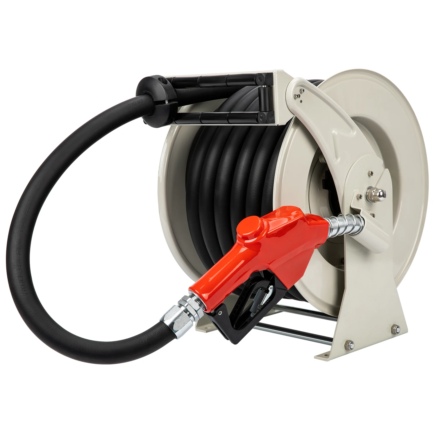 

Fuel Hose Reel 1" x 50' Spring Driven Retractable Diesel Hose Reel 300 PSI Industrial Auto Swivel Hose Reel with Fueling Nozzle