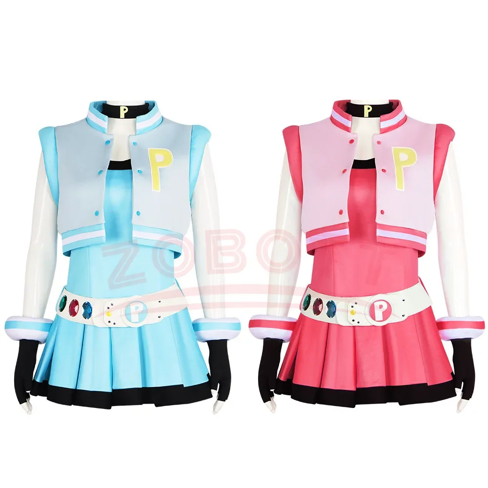 Power Cos Puff Girls Cosplay Costume Hyper Blossom Rolling Bubbles Costume Vest Coat Dress Outfit Hairband Gloves Belt Dress