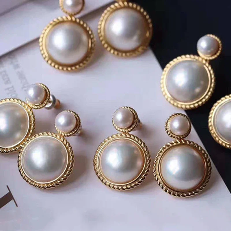 Designer original silver inlaid round pearl earrings unique gold-plating process retro noble luxury charm ladies jewelry