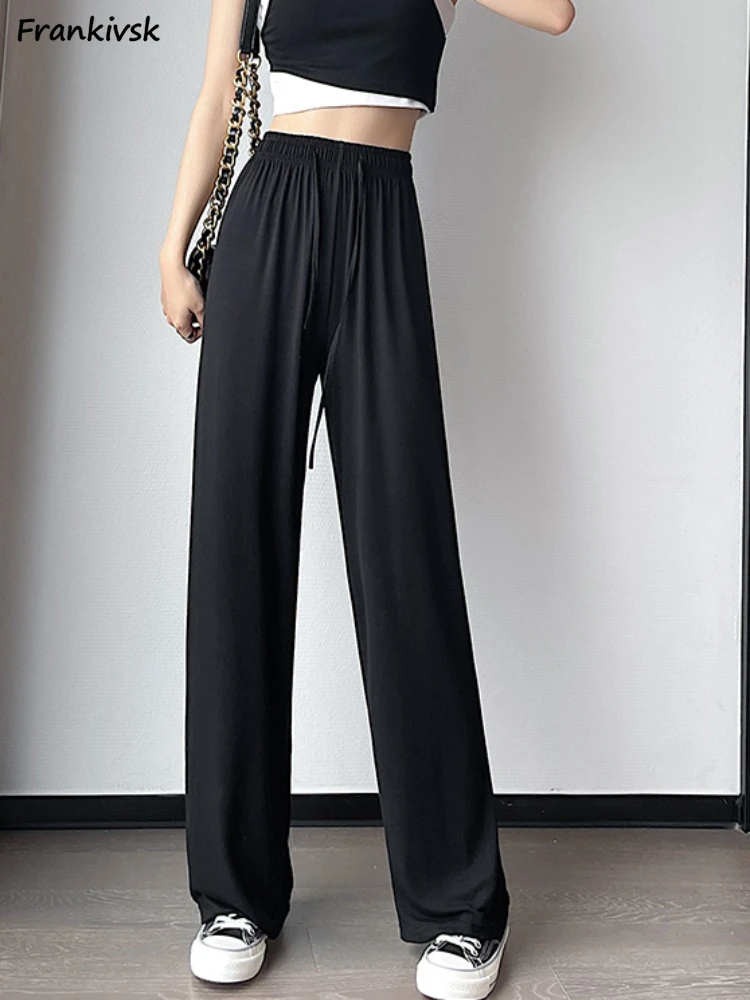 

Wide Leg Pants Women High Waist Breathable Elastic Comfortable Summer Thin Daily Korean Style Office Lady Simple Solid