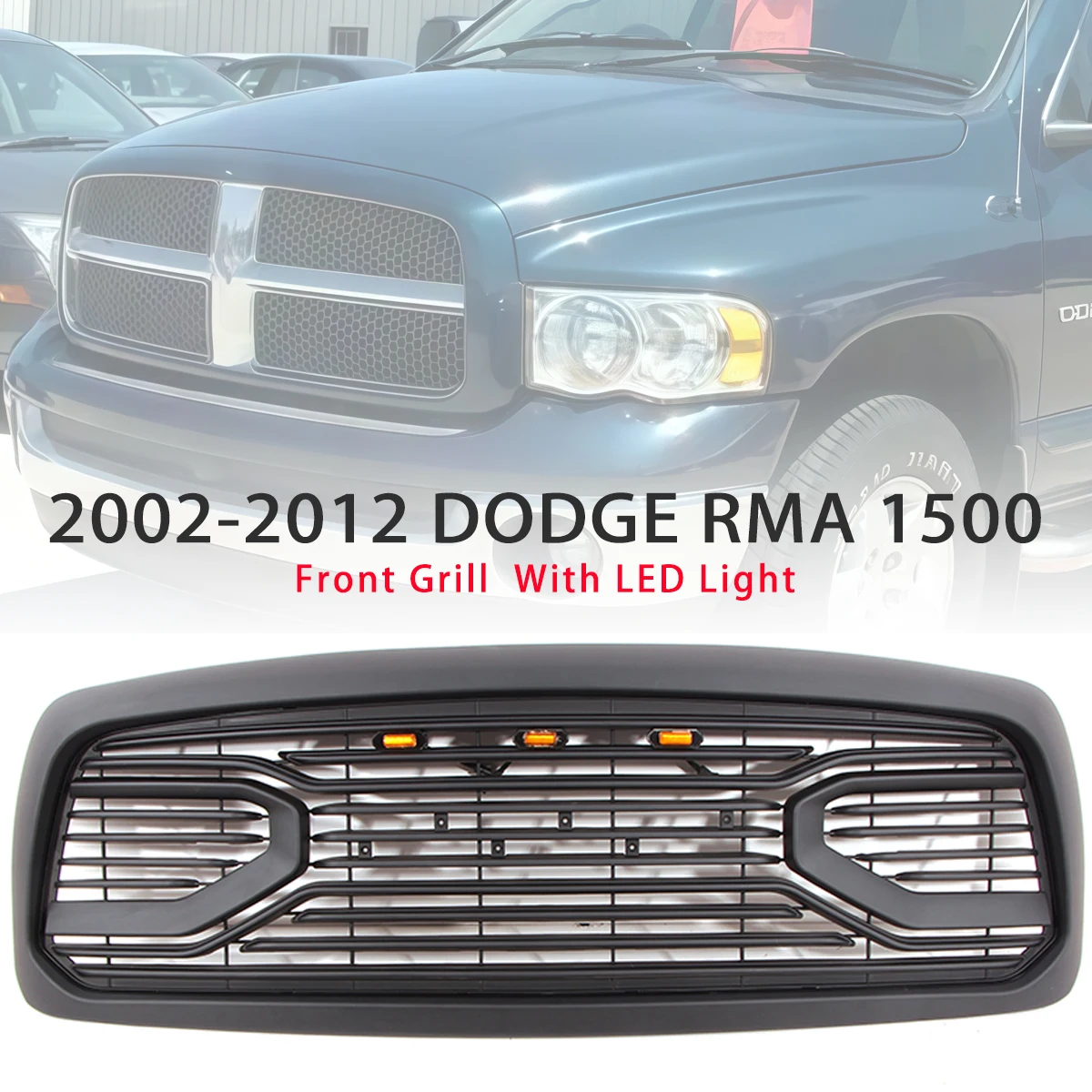 

Black Front Grille Big Horn Fit For 2002-2005 / 2006-2008 / 2009-2012 Dodge Ram 1500 W/Lights