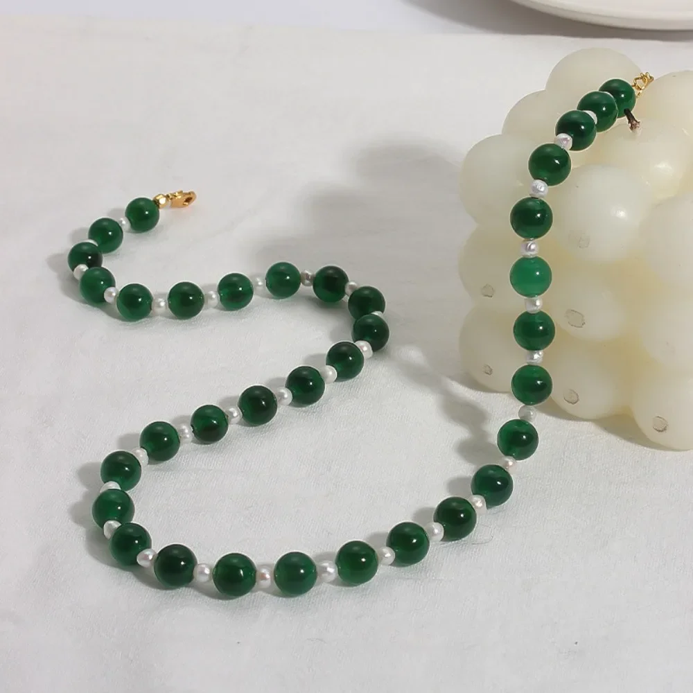 

Fashion Natural Jade Stone Green Agate and Pearl Necklace for Women Charm Luxury Retro Style Jewelry Girl Mom Gift Accessories