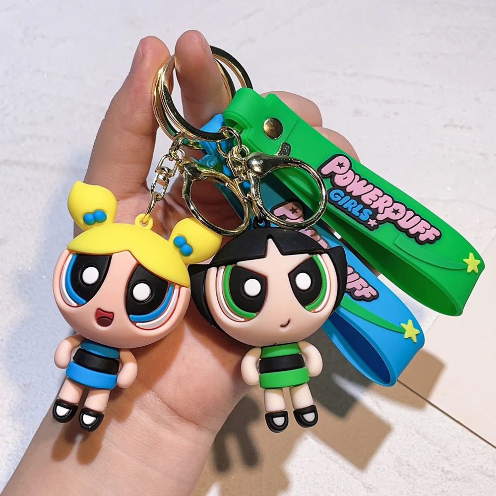 The Powerpuff Girls Creative Keychain for Women Men Fans Cartoon Cute Silicone Doll Pendant Keyring Gifts Keys Holder