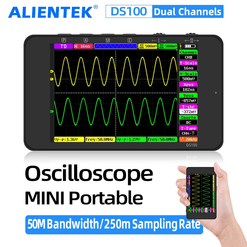 

ALIENTEK DS100 Digital Oscilloscope Handheld Multimeter Dual Channel Sampling Rate 250MSa/S Bandwidth Support Waveform Storage