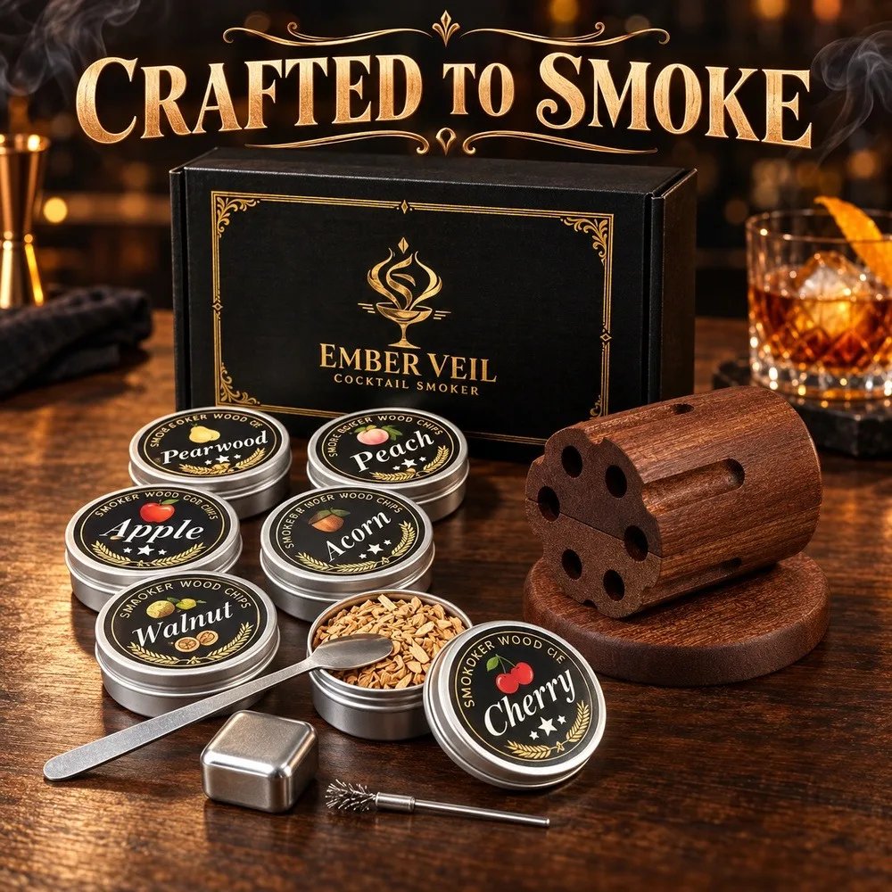 Multifunctional fruitwood cold smoking gift box set, featuring six different types of wood chips. The wooden smoking device made
