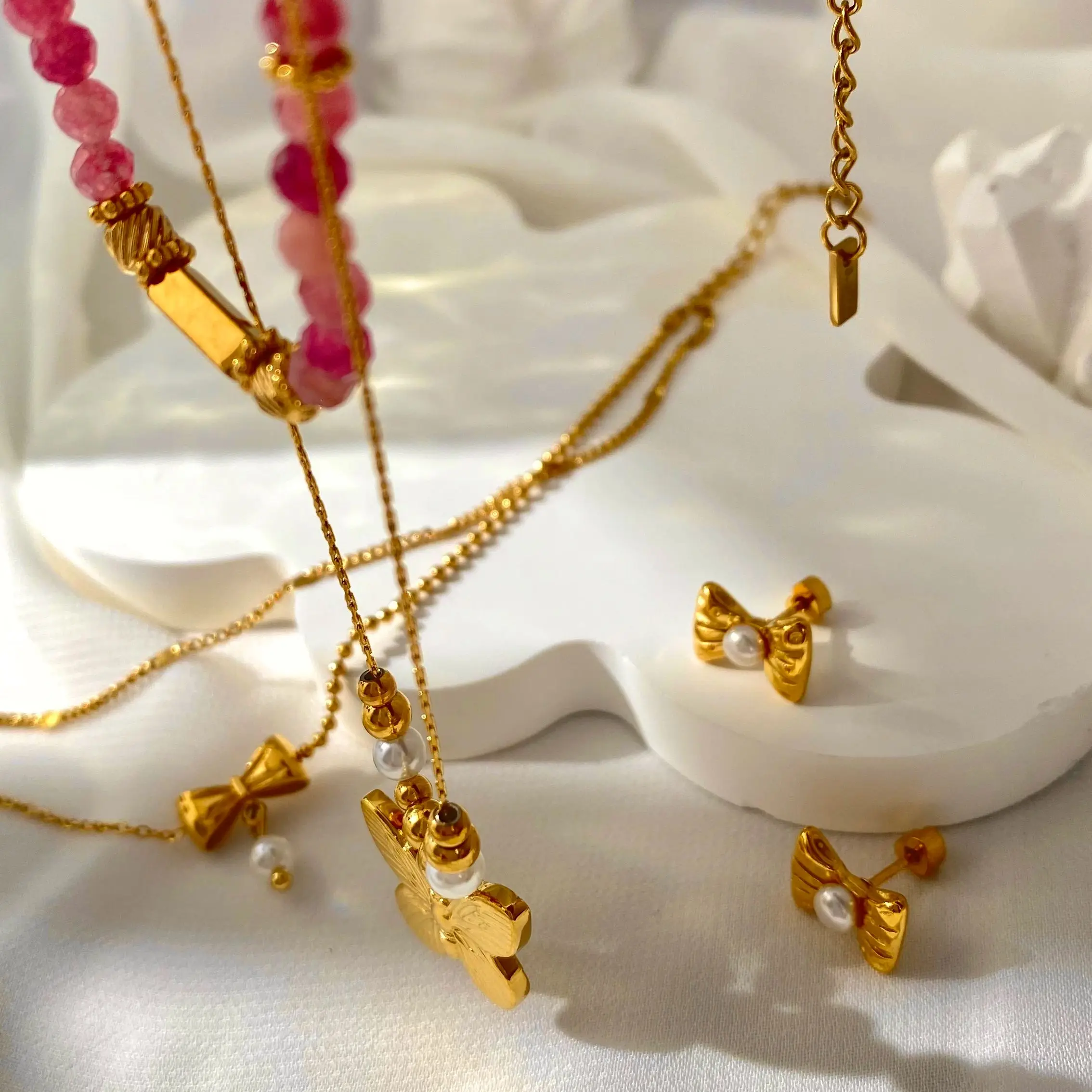 

CARLIDANA Fashion Jewelry Summer Crystal Beaded Handmade Chain Stainless Steel Butterfly Pendant Necklace Earrings Set for Women