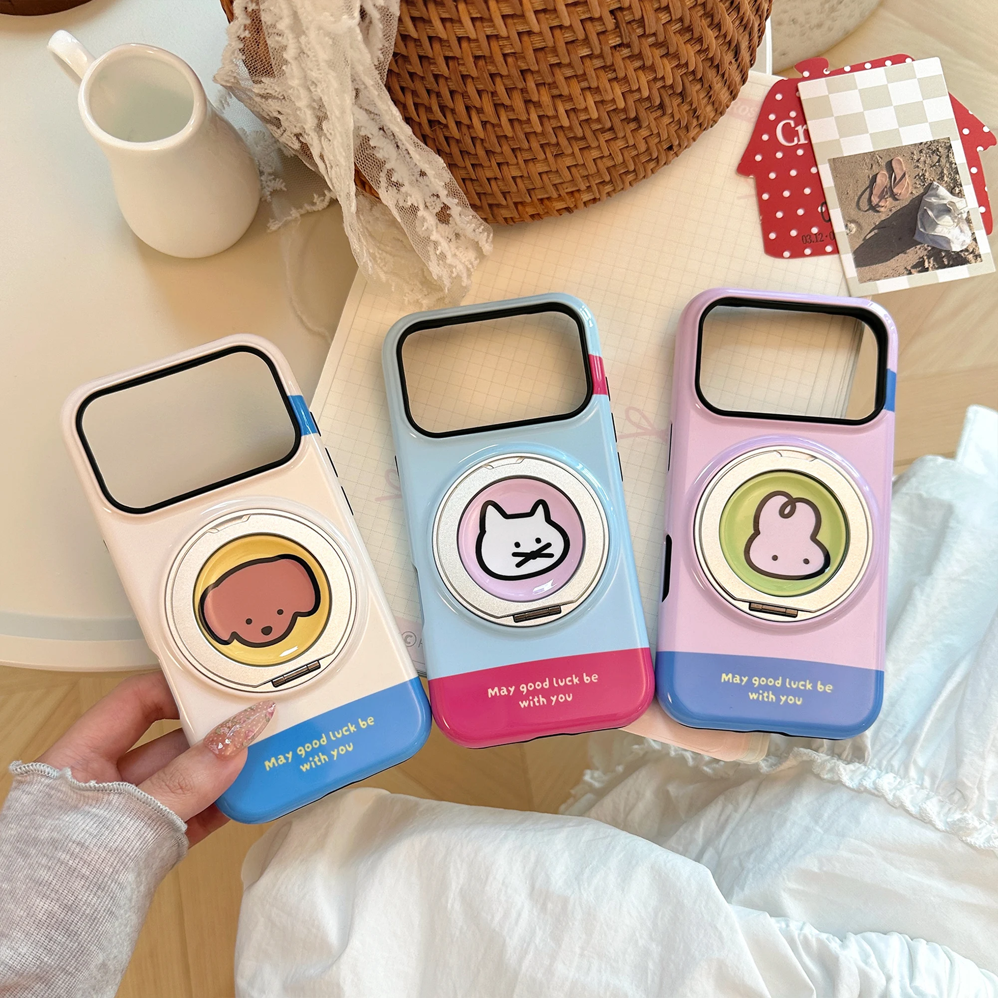 2 in 1 Letters Pattern White Purple Blue Glossy Cover Case For iPhone 17 16 15 14 13 Pro Max with 360° Rotation Animals Holder view 5