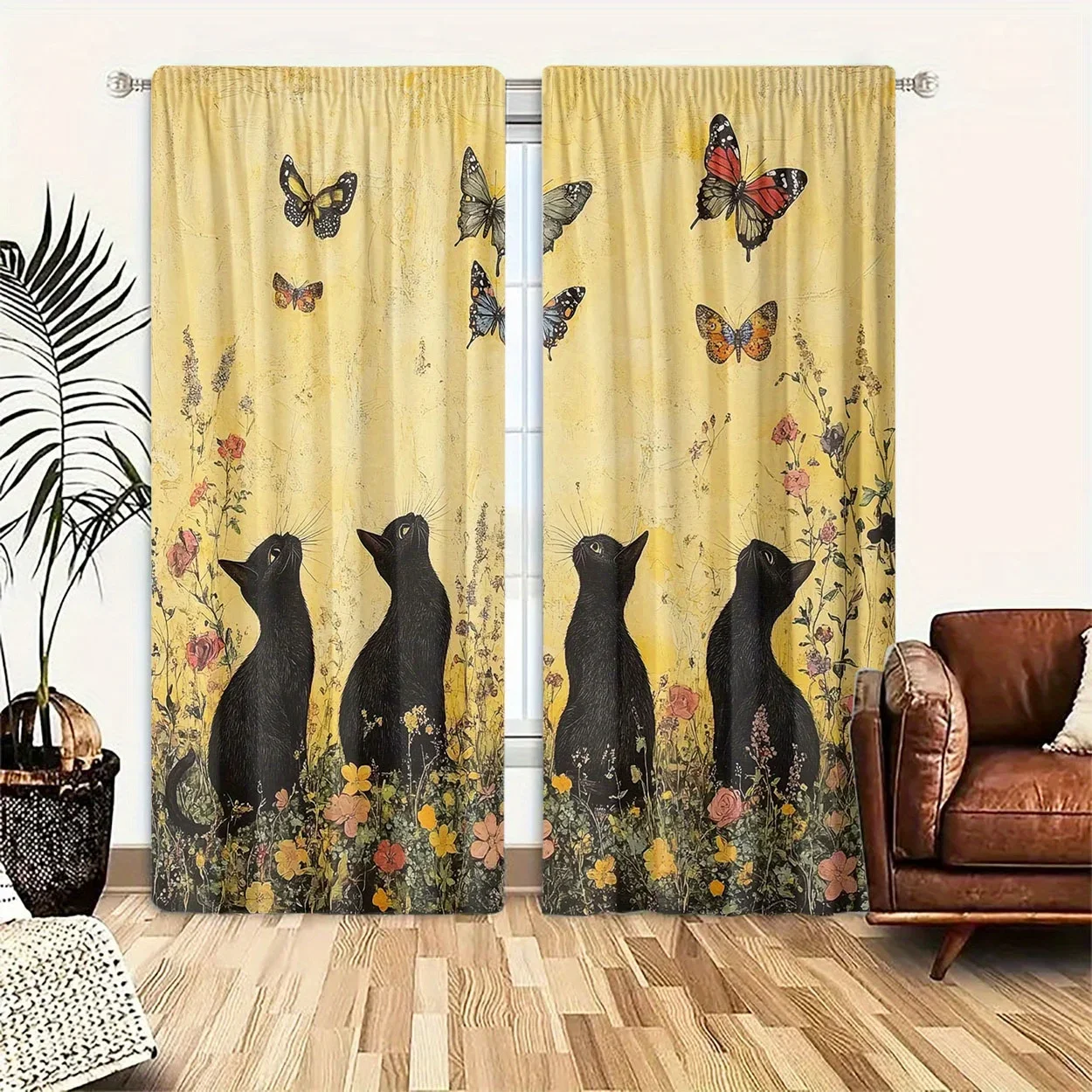 Butterfly and Black Cat Pattern Print Drapes Room Darkening Window Curtains for Home Decor,Rod Pocket Blackout Curtains Bedroom
