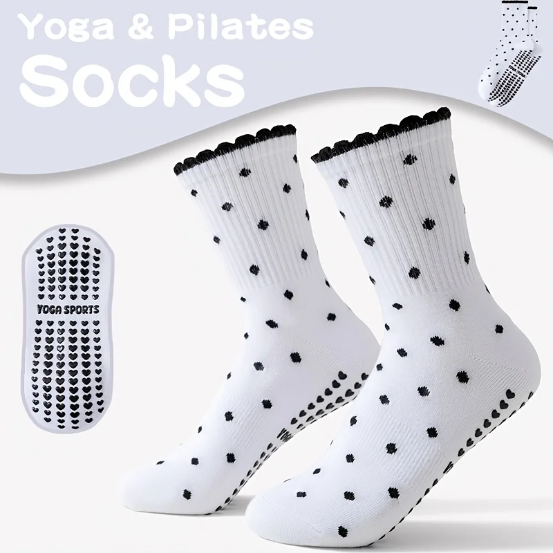 Chaussettes de yoga mi-mollet antidérapantes pour femmes, blanches à pois noirs, respirantes, douces, extensibles, pour Pilates/barre/danse. Cadeau réfléchit