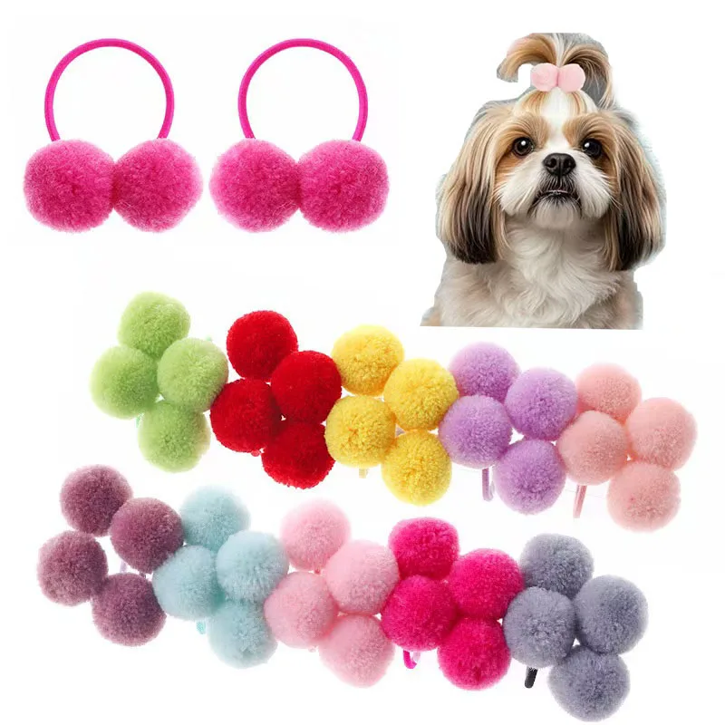 5/10pcs New Dog Double Plush Elastic Solid Hair Ball Pets Grooming Bows for Small Dogs Cat Bows Dog Hair Accessories Wholesale