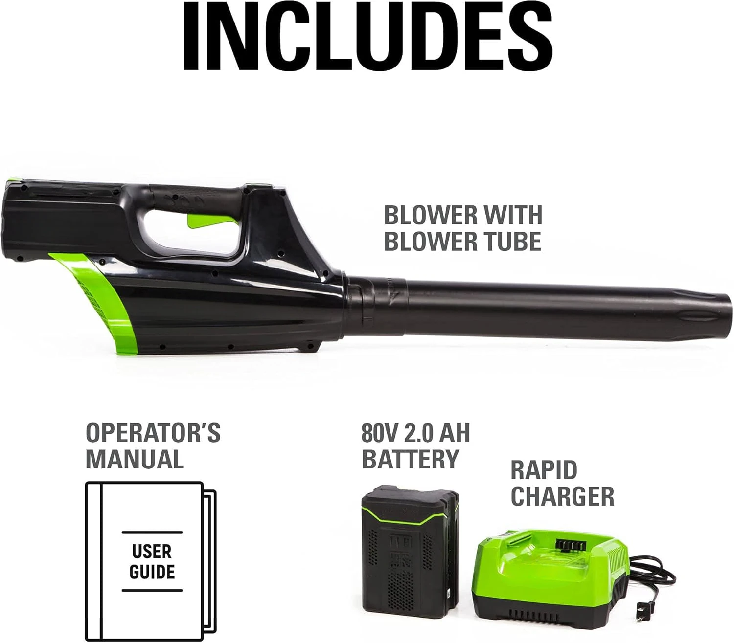 80V (125 MPH / 500 CFM / 75+ Compatible Tools) Cordless Axial Leaf Blower, 2.0Ah Battery and Charger Included