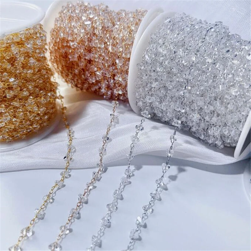 1 Meter New Gold Color Plated 4MM Crystal Beads Link Chains For DIY Jewelry Making No Fade Extend Chain Crafts Accessories