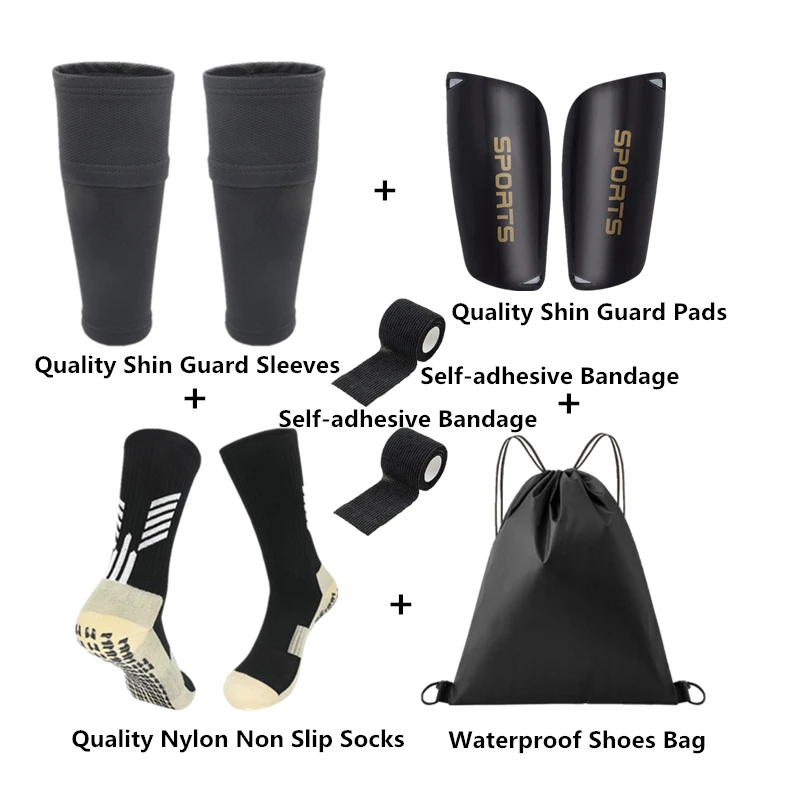 

6PCS Set Football Equipment Adults Kids Soccer Shin Guards Pads Shin Guard Sleeves Non Slip Soccer Sock Shoes Bag