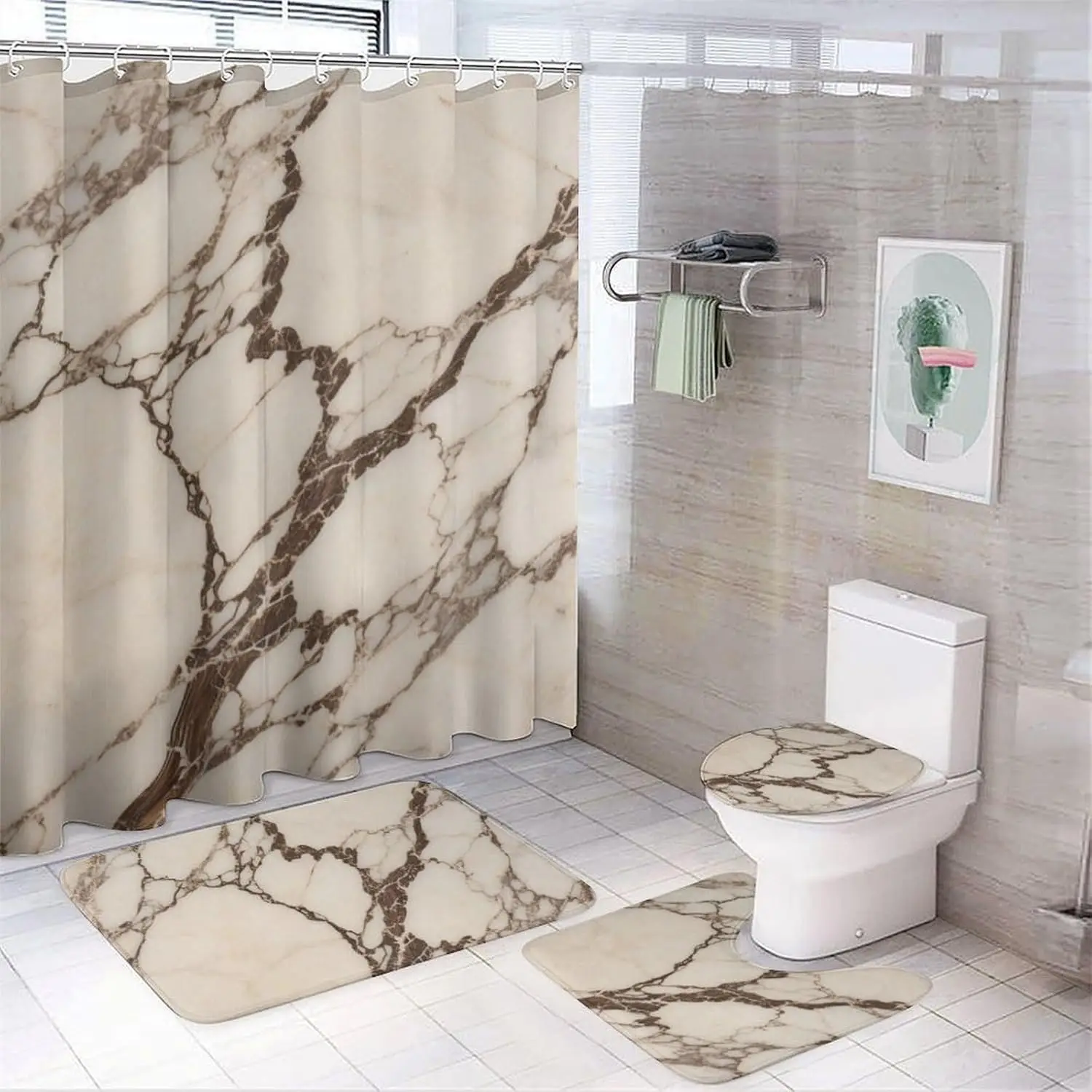 

Занавеска для душа в ванной комнате, набор из 4 предметов, мрамор с водонепроницаемой занавеской для душа 72 x 72 дюйма, нескользящий коврик, крышка унитаза, коврик для ванной и