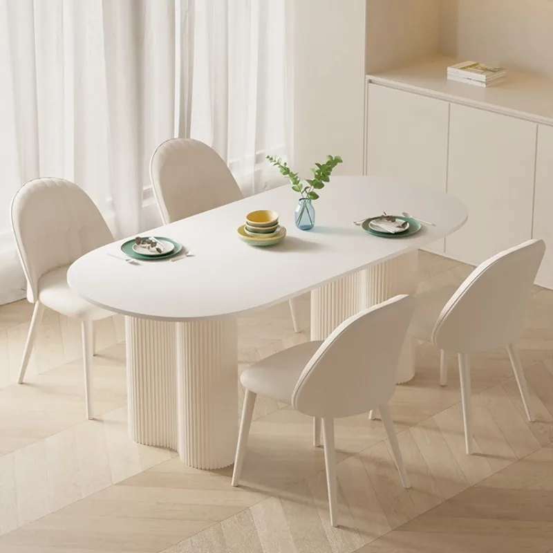 

Pure white rock slab dining table, family small apartment eating table French dining table and chairs