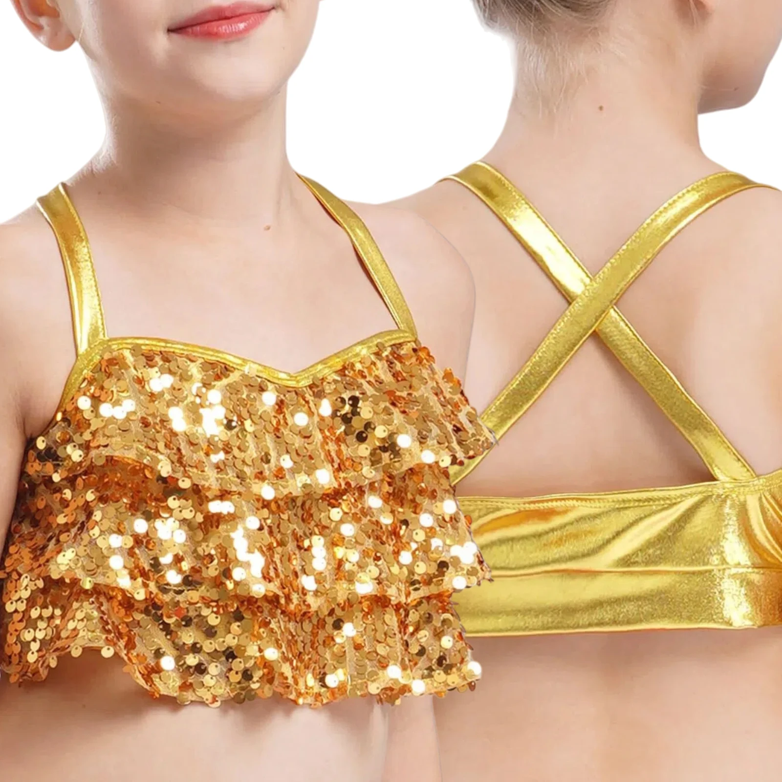 أطفال بنات لامعة الترتر الجاز الهيب هوب ملابس الرقص بلا أكمام المحاصيل القمم مع مطوي التنانير مجموعة تي شيرتات قصيرة للأطفال ديسكو حفلة Dancewear #3