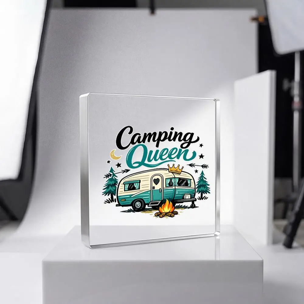 Retro Camper Van Queen Crown Camping Decor Acrylic Sign for RV Trailer Home Gift