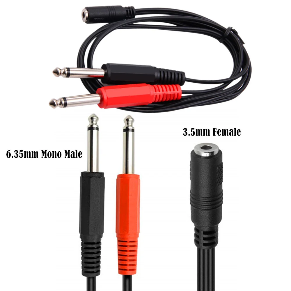 Cable adaptador de audio con conector hembra de 3.5mm a conector macho TRS mono de 6.35mm, cable divisor en Y con doble conector de 6.35mm, cable de audio estéreo.