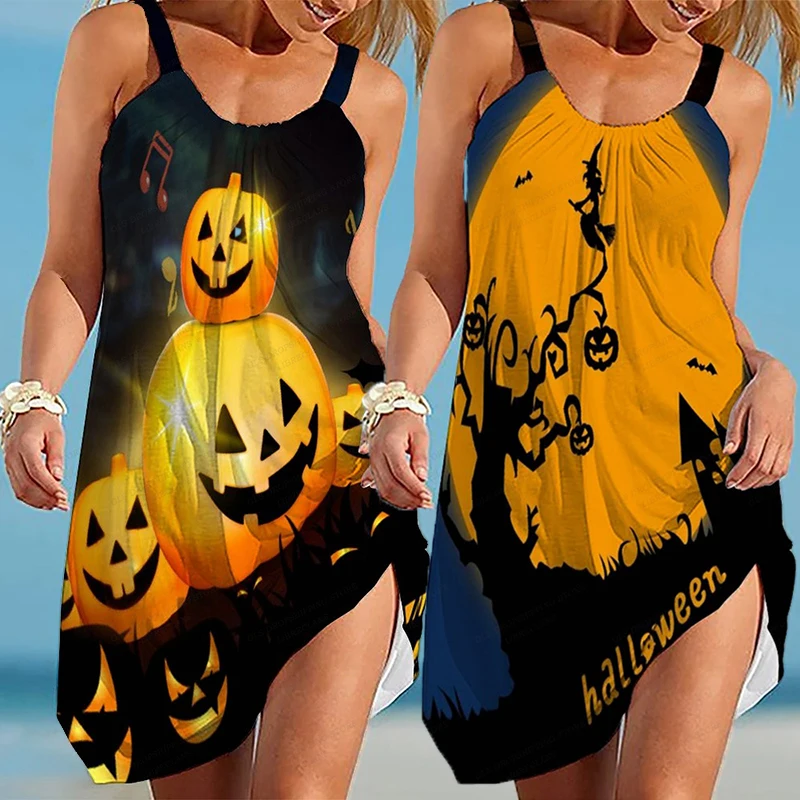 Pumpkin Traf Gothic Horror Ghost Halloweeen Vestido 3D Printed Sleeveless Beach Dresses Skull Women's Bat Costum Y2K Hawaiian