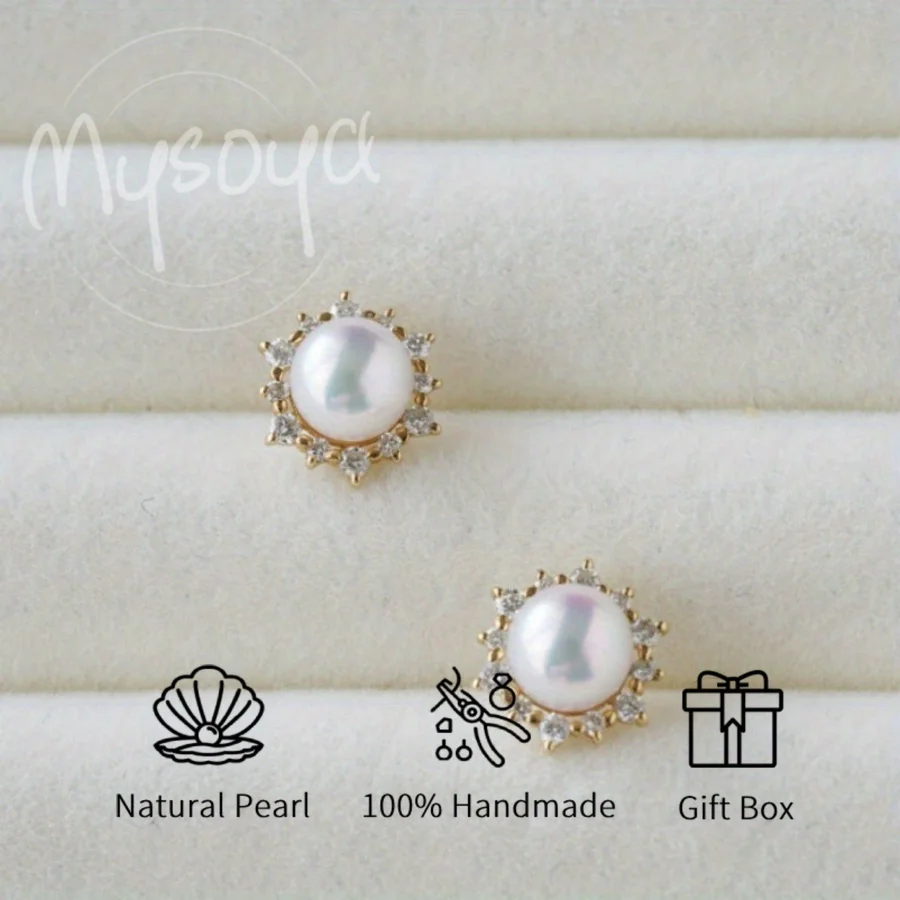

MYSOYA Real Akoya Seawater Pearl Earrings, White Tone 8-9mm with Gift Box, Gift for Him/ Her, Suitable for Wedding/ Daily