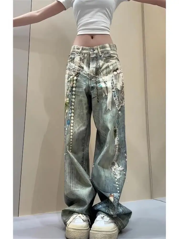 

Свободные широкие джинсы с кружевным принтом в стиле ретро, американский дизайн, женские длинные брюки прямого кроя с высокой талией, повседневные всесезонные джинсы