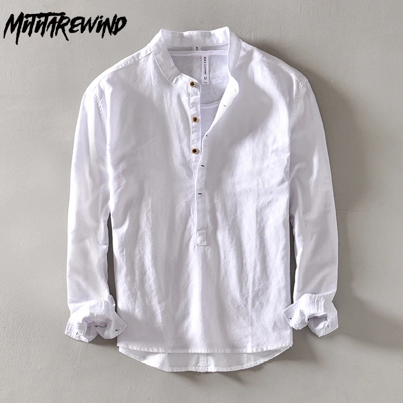 

Classical Mens Cotton Linen Shirts Spring Summer Beach Causal Slim Shirt Stand Collar Pullover White Shirt Simple Style Tops Men